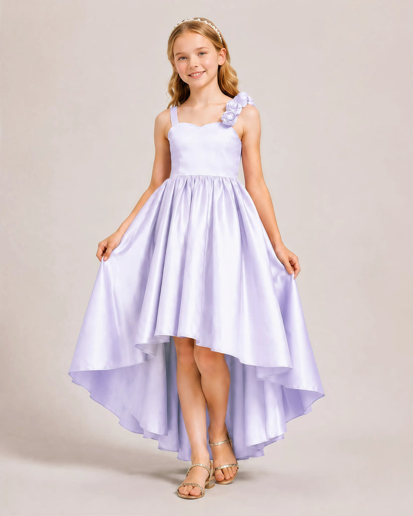 Lilac Satin High-Low Girls Formal Dress Front View