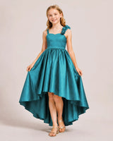 Peacock Satin High-Low Girls Formal Dress Front View