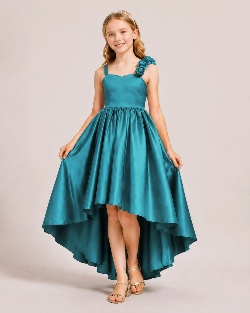 Peacock Satin High-Low Girls Formal Dress Front View