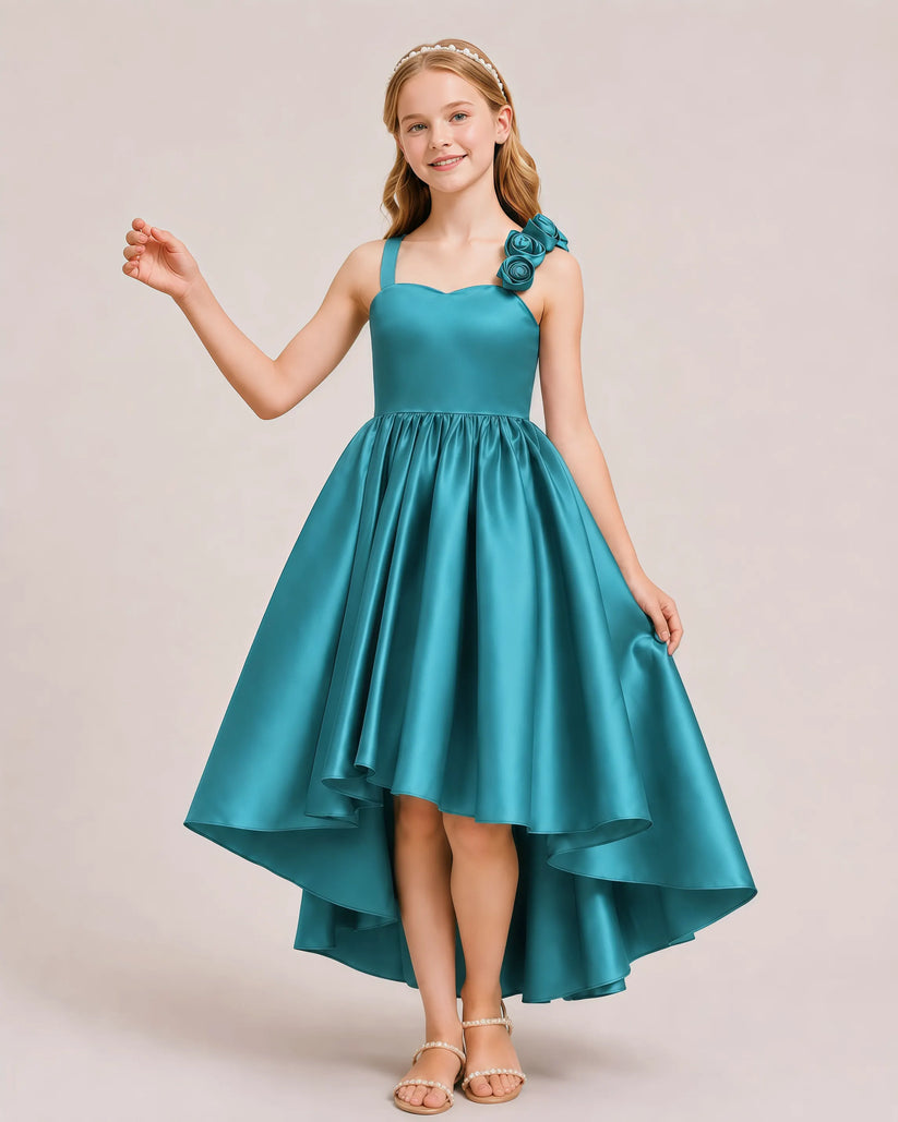 Peacock Satin A-line Girls Formal Dress Front View