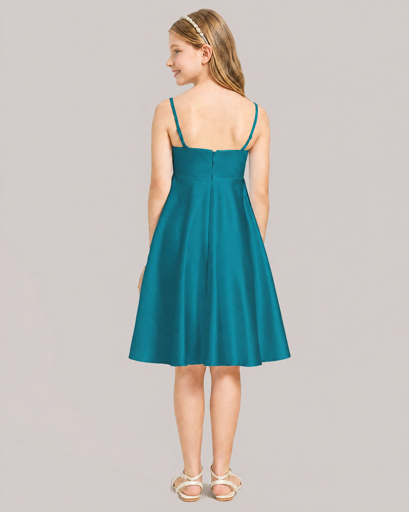 Peacock Satin A-line Junior Bridesmaid Dress Back View