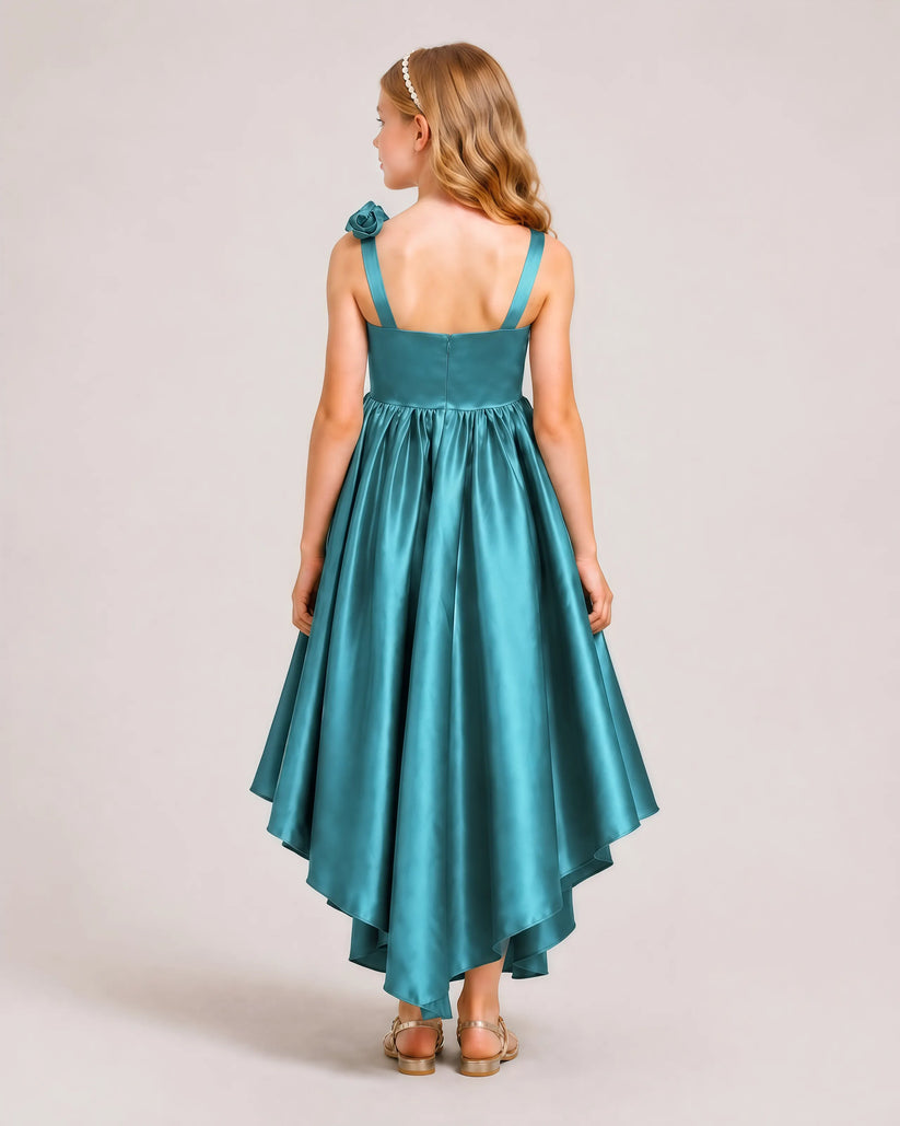 Peacock Satin A-line Girls Formal Dress Back View