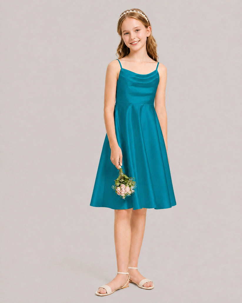 Peacock Satin A-line Junior Bridesmaid Dress Front View