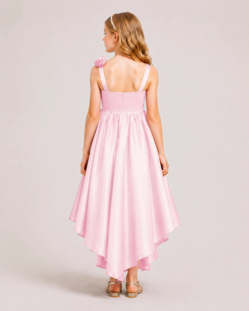 Pink Satin A-line Girls Formal Dress Back View