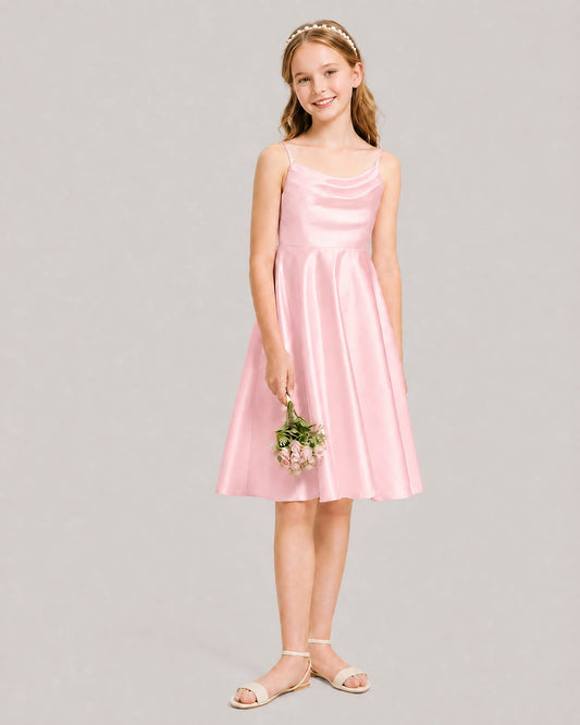 Pink Satin A-line Junior Bridesmaid Dress Front View