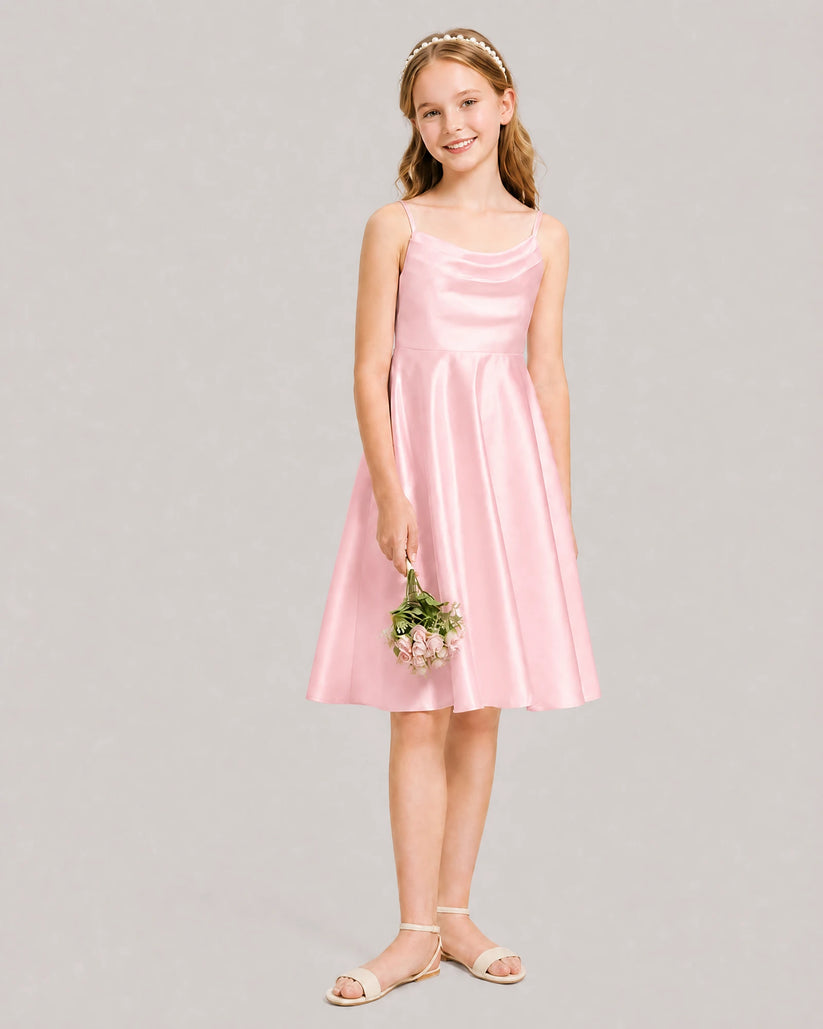 Pink Satin A-line Junior Bridesmaid Dress Front View