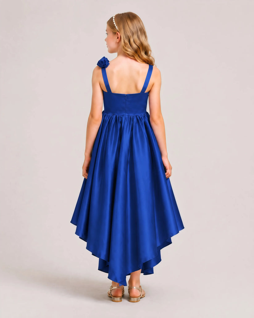 Royal Blue Satin A-line Girls Formal Dress Back View