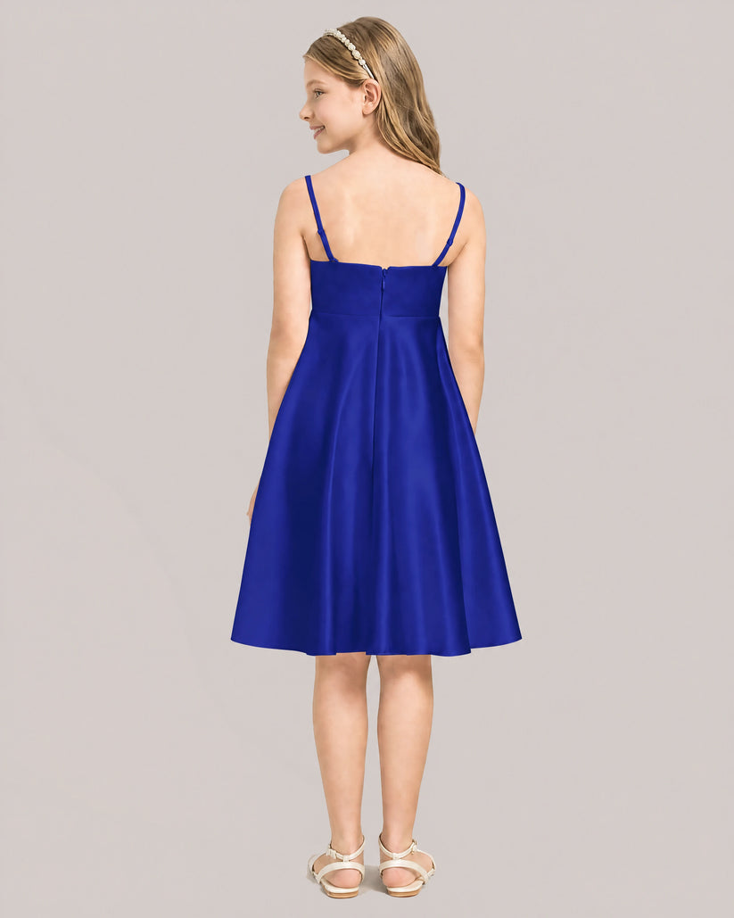 Royal Blue Satin A-line Junior Bridesmaid Dress Back View