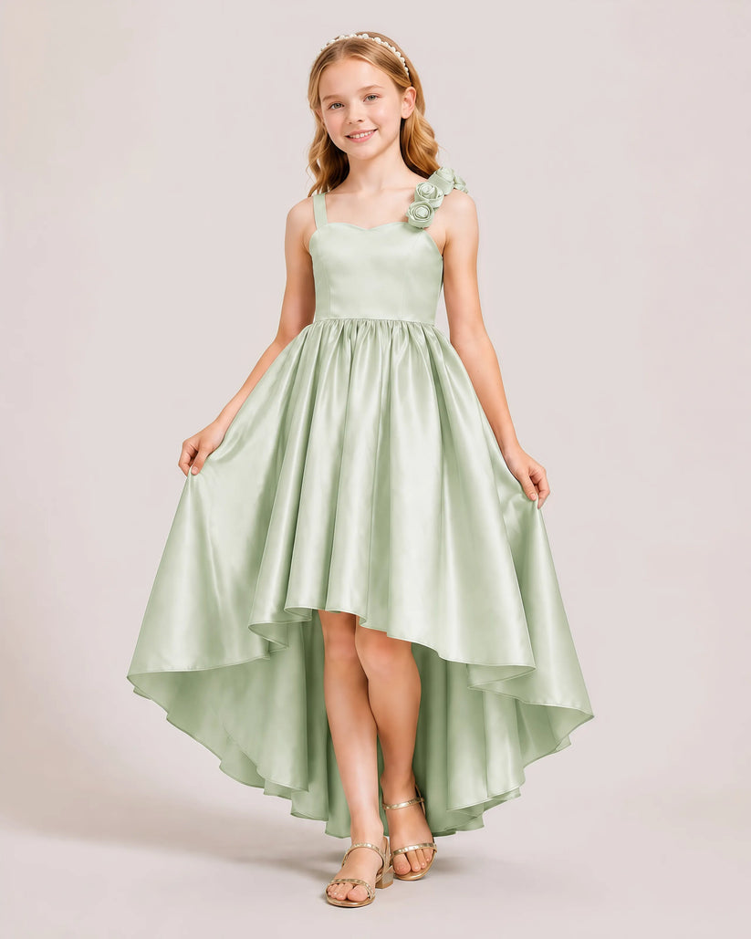 Sage Green Satin A-line Girls Formal Dress Front View
