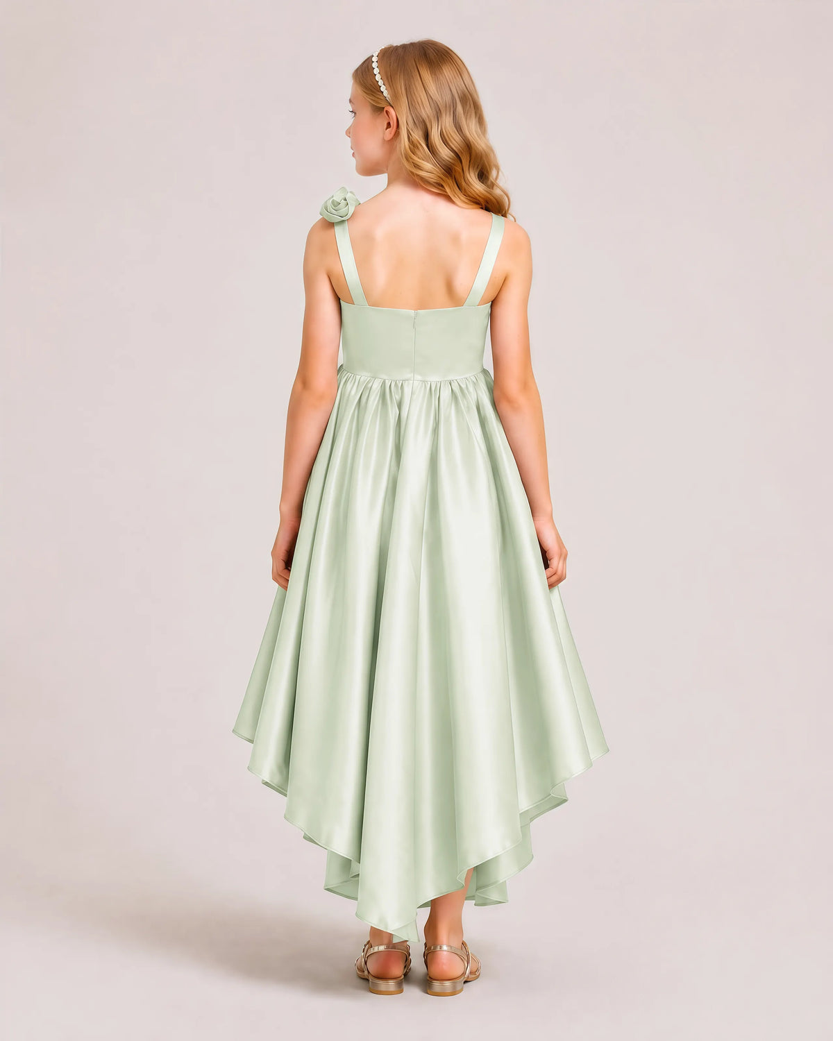 Sage Green Satin A-line Girls Formal Dress Back View