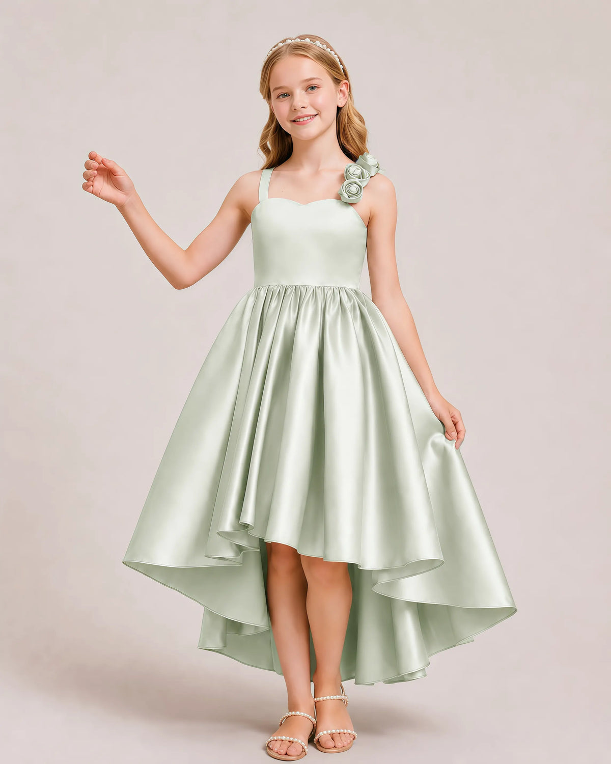 Sage Green Satin A-line Girls Formal Dress Front View