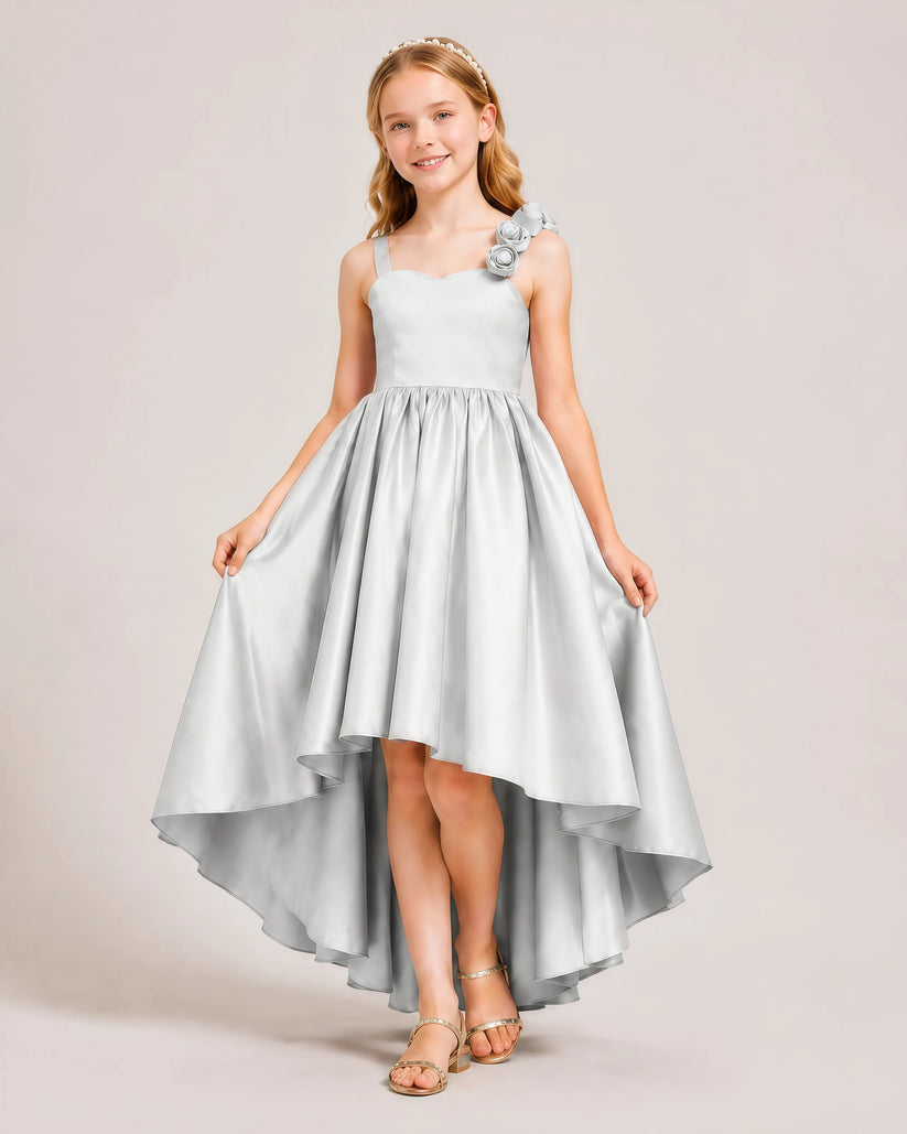 Silver Satin A-line Girls Formal Dress Front View