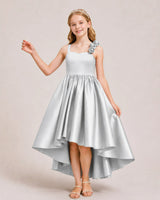 Silver Satin A-line Girls Formal Dress Front View