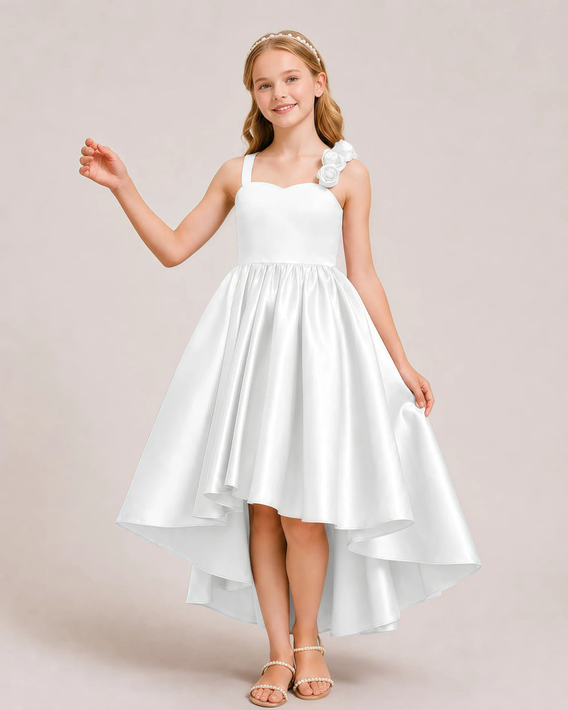 White Satin A-line Girls Formal Dress Front View