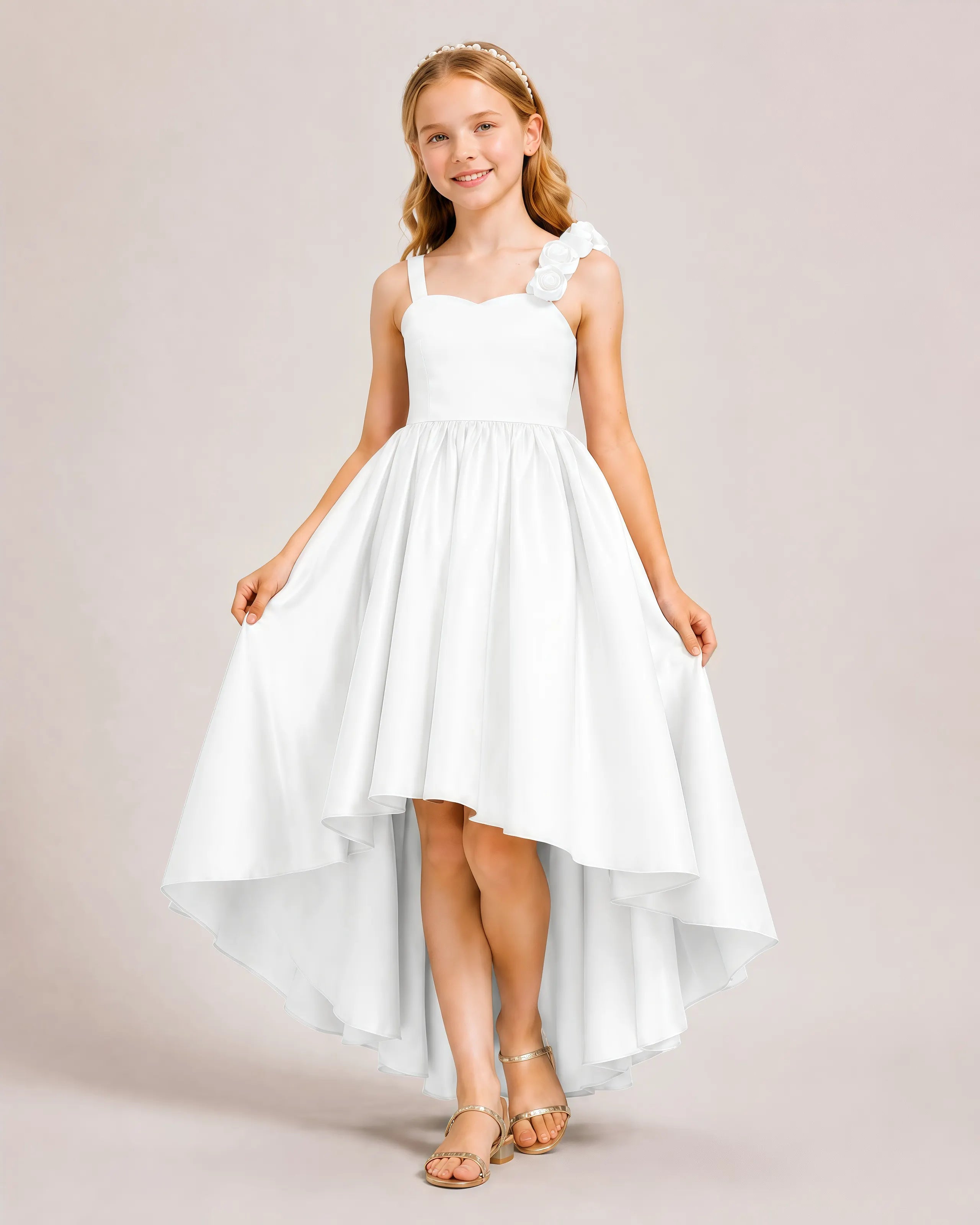 Dideyttawl Girls Formal Dress Lilac Satin Hi Low 3D Flower Formal Party Gown, Champagne / 6