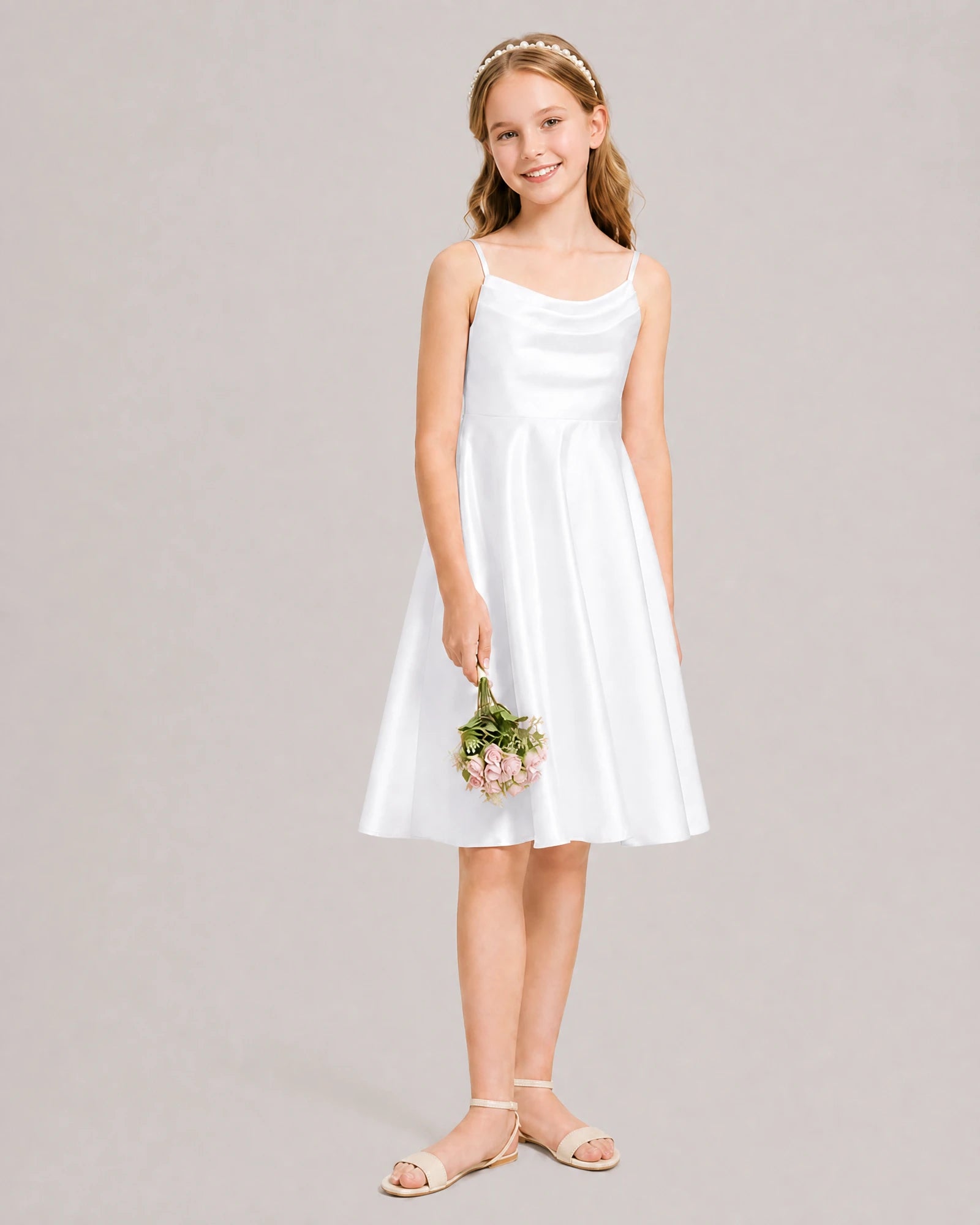 White Satin Short Flower Girl Dress 