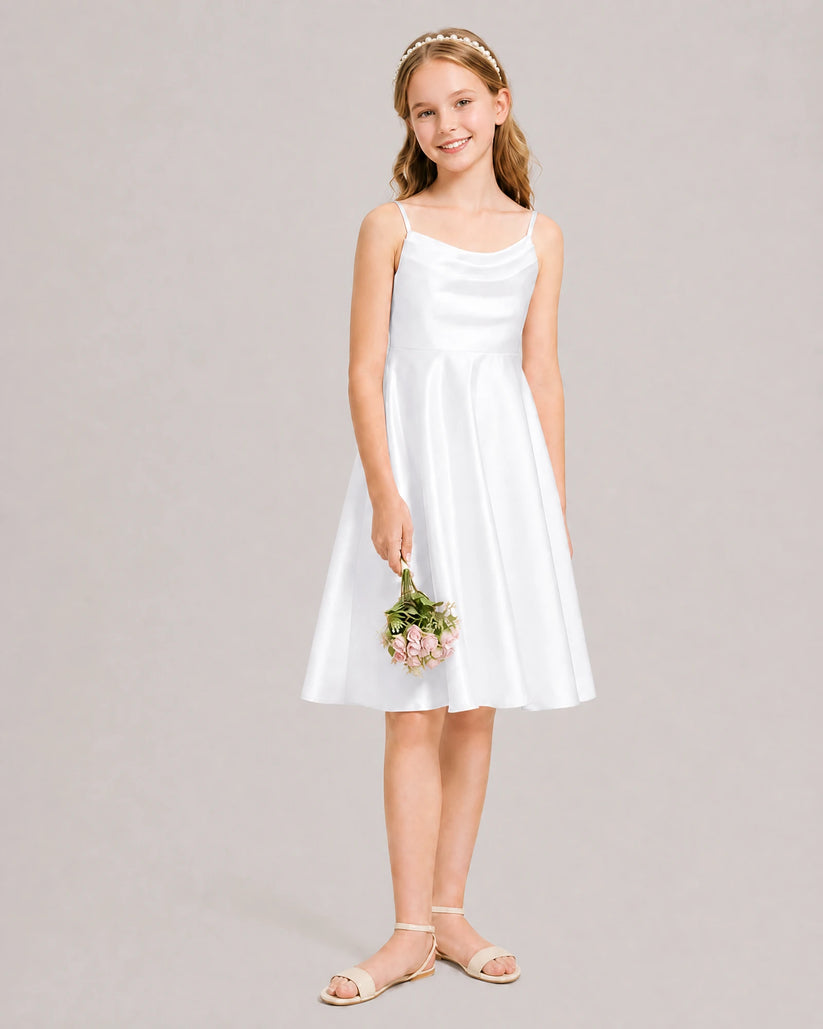 White Satin A-line Junior Bridesmaid Dress Front View