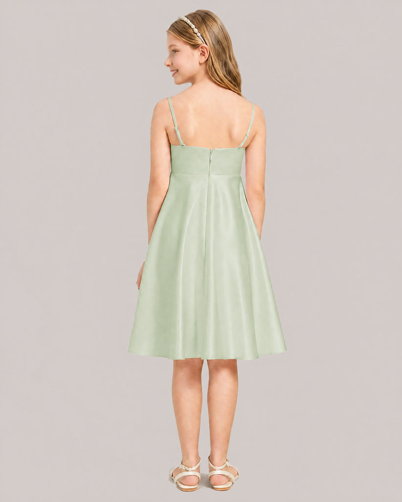 Sage Satin A-line Junior Bridesmaid Dress Back View