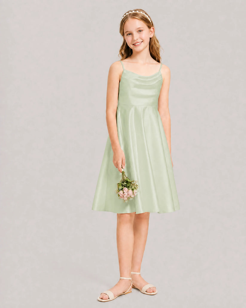 Sage Satin A-line Junior Bridesmaid Dress Front View