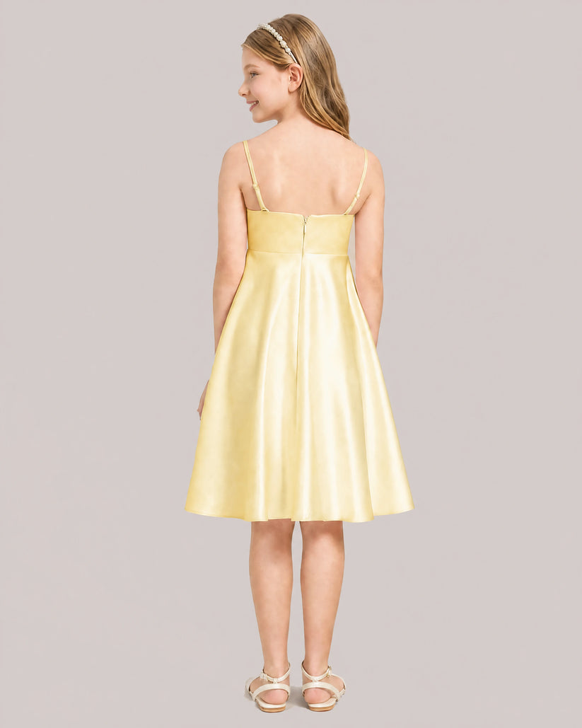 Yellow Satin A-line Junior Bridesmaid Dress Back View