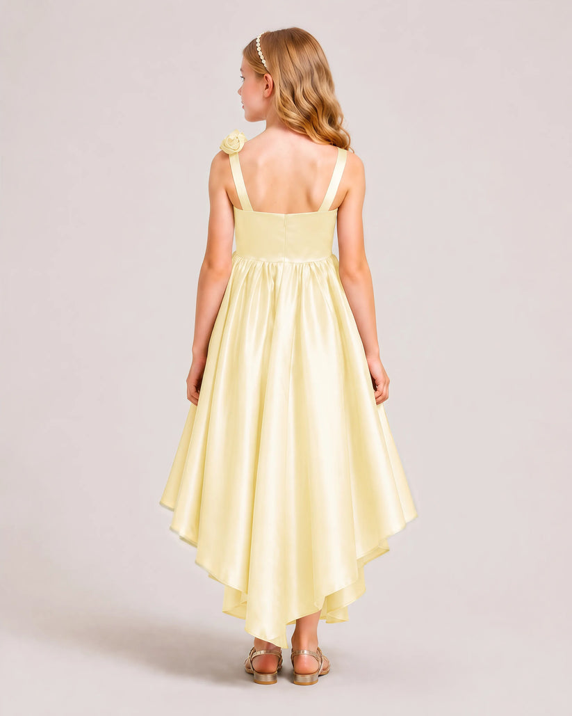 Yellow Satin A-line Girls Formal Dress Back View