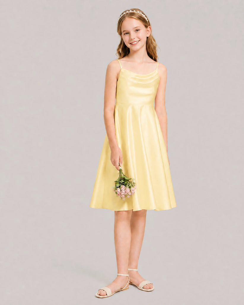 Yellow Satin A-line Junior Bridesmaid Dress Front View
