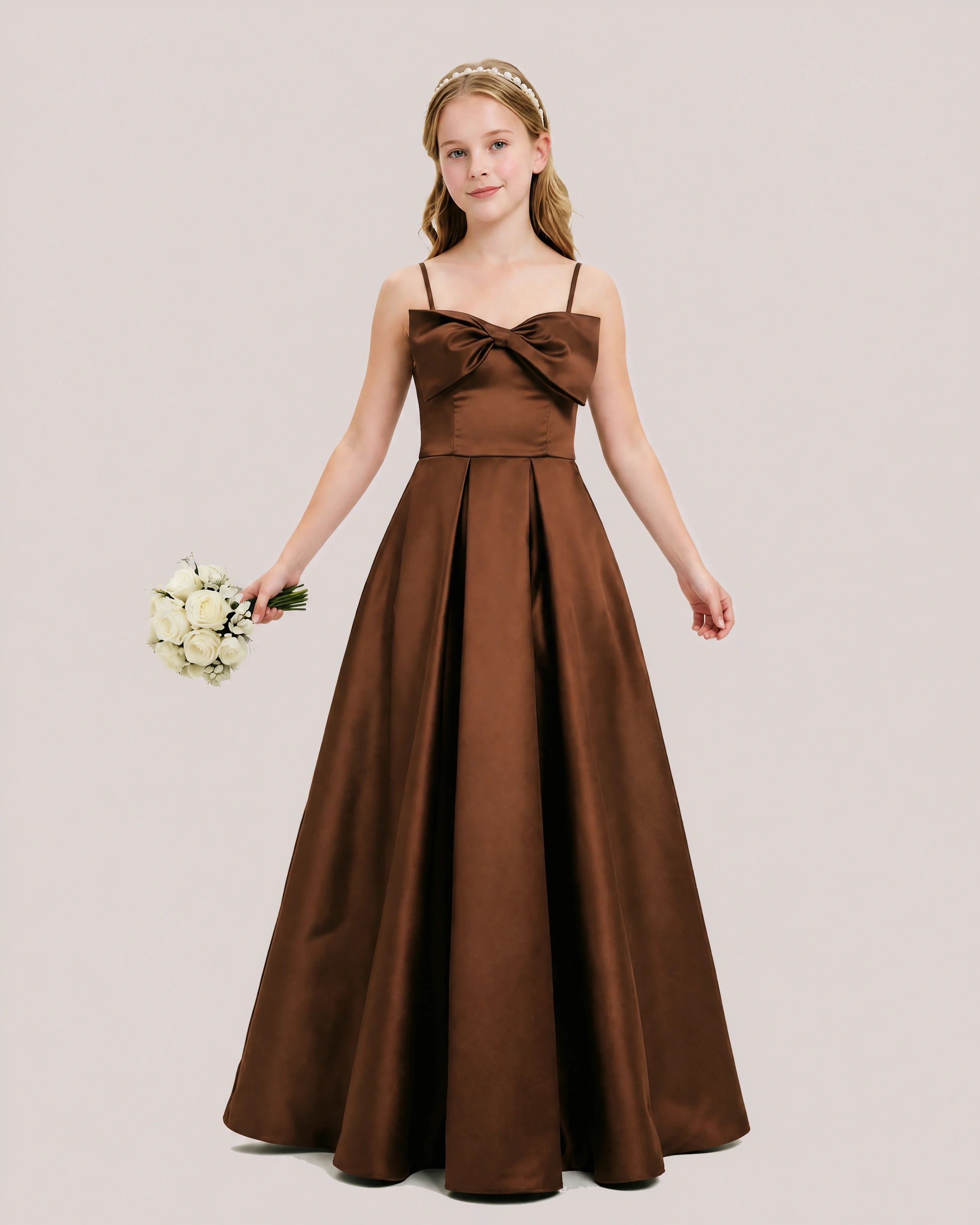Dideyttawl Chocolate Brown Satin Spaghetti Strap Floor Length Junior Bridesmaid Dress Main image