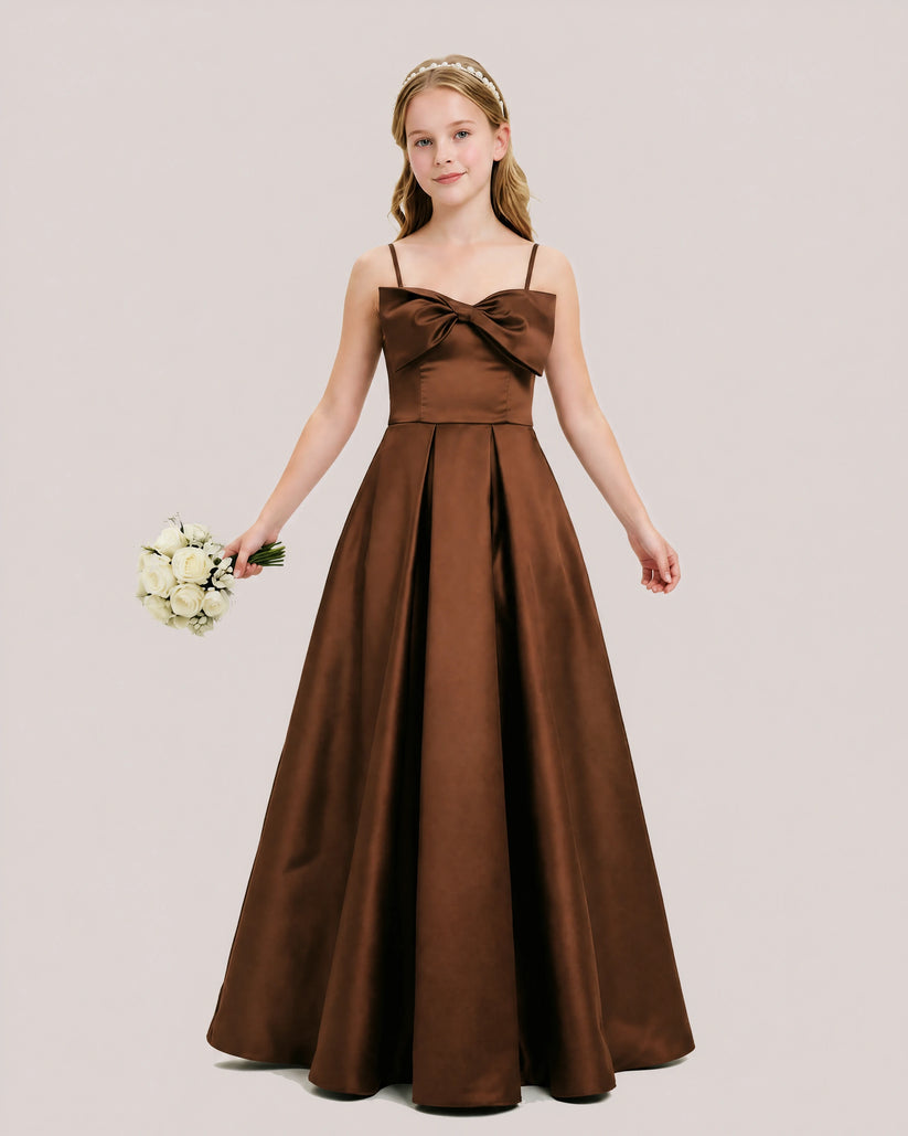 Brown Satin A-line Junior Bridesmaid Dress Front View