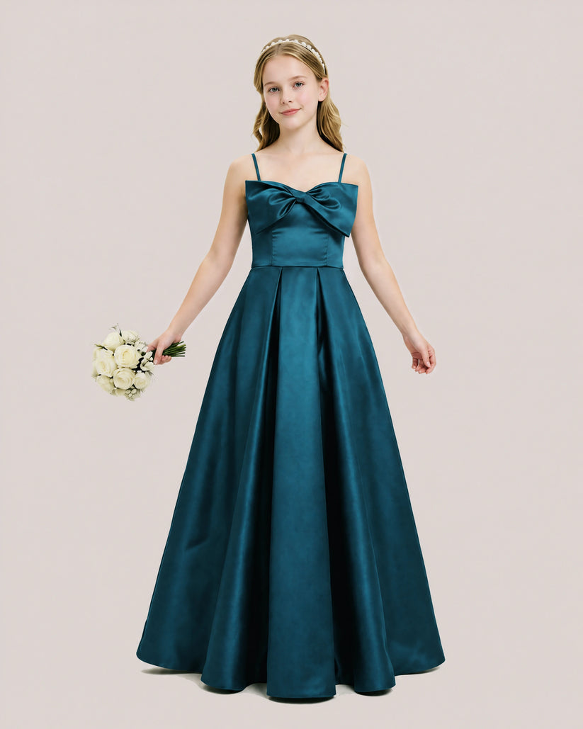 Teal Satin A-line Junior Bridesmaid Dress Front View