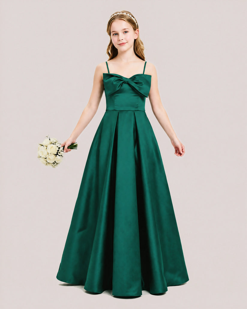 Dark Green Satin A-line Junior Bridesmaid Dress Front View