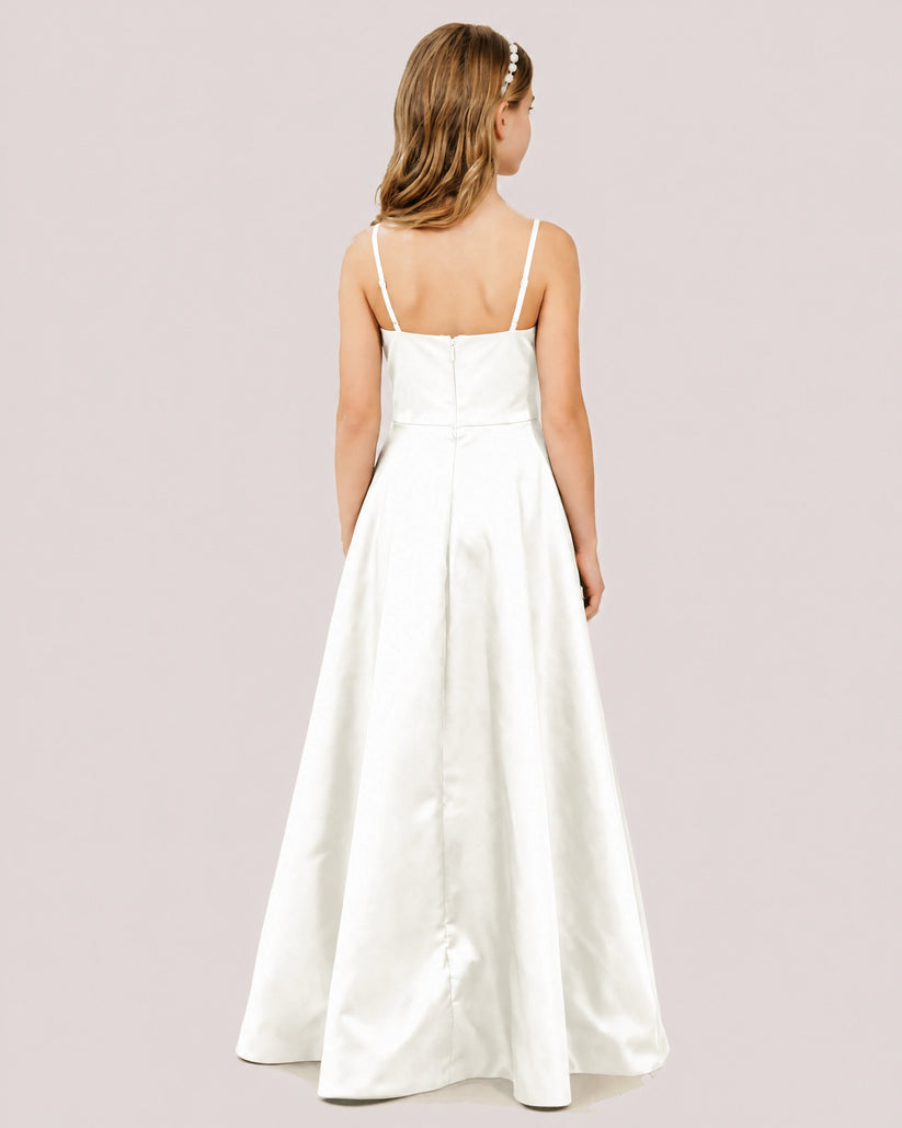 Ivory Satin A-line Junior Bridesmaid Dress Back View