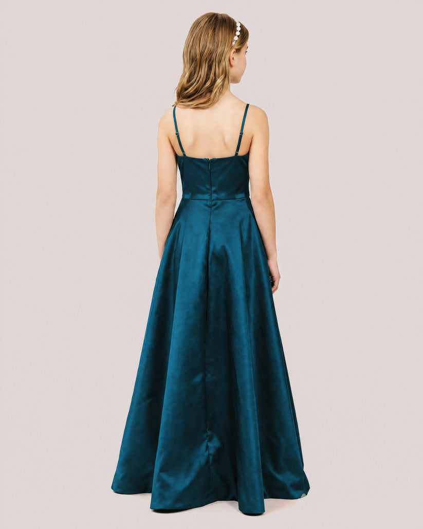 Teal Satin A-line Junior Bridesmaid Dress Back View