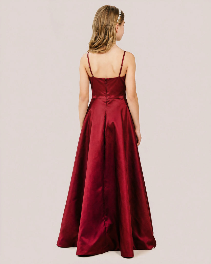 Burgundy Satin A-line Junior Bridesmaid Dress Back View