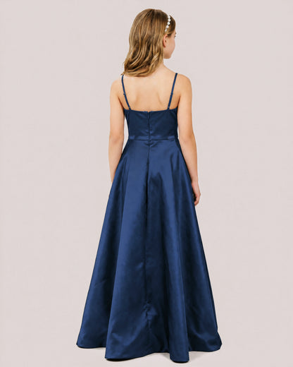Dideyttawl Chocolate Brown Satin Spaghetti Strap Floor Length Junior Bridesmaid Dress