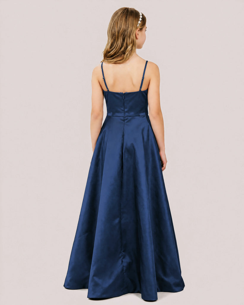 Navy Blue Satin A-line Junior Bridesmaid Dress Back View