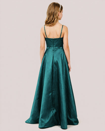 Dideyttawl Chocolate Brown Satin Spaghetti Strap Floor Length Junior Bridesmaid Dress