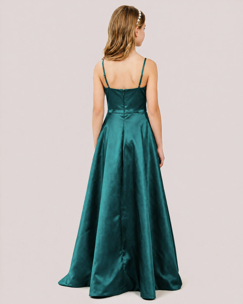 Peacock Satin A-line Junior Bridesmaid Dress Back View
