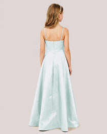 Dideyttawl Chocolate Brown Satin Spaghetti Strap Floor Length Junior Bridesmaid Dress