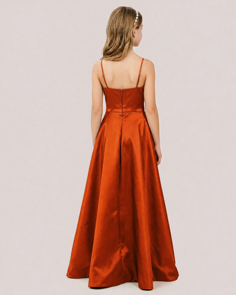 Burnt Orange Satin A-line Junior Bridesmaid Dress Back View