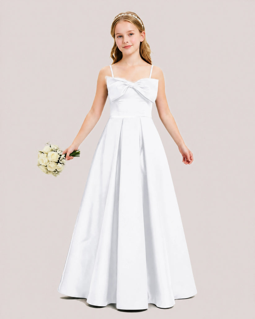 White Satin A-line Junior Bridesmaid Dress Front View