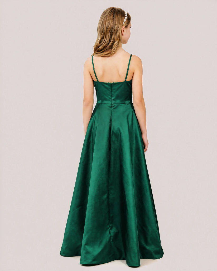 Dark Green Satin A-line Junior Bridesmaid Dress Back View