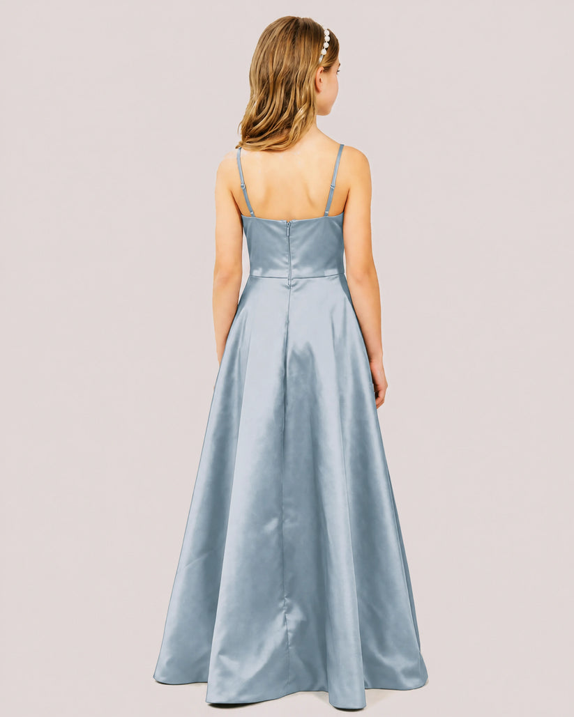 Dusty Blue Satin A-line Junior Bridesmaid Dress Back View