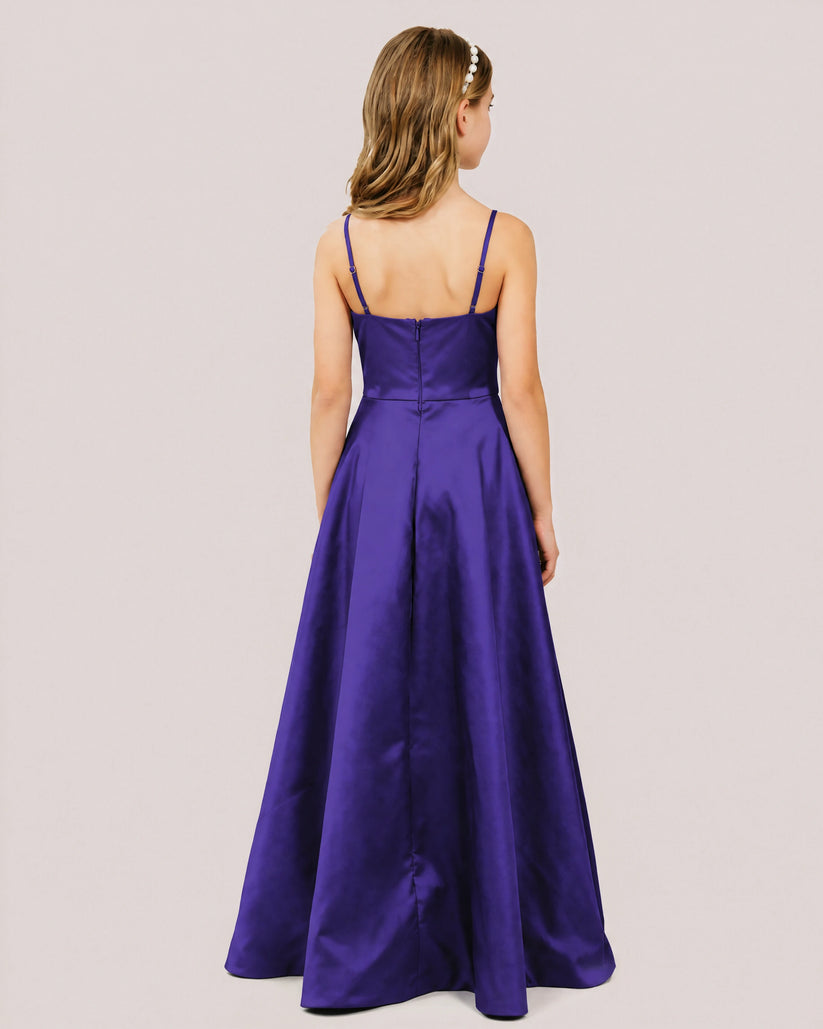Purple Satin A-line Junior Bridesmaid Dress Back View