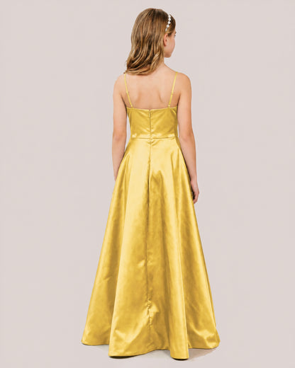Dideyttawl Chocolate Brown Satin Spaghetti Strap Floor Length Junior Bridesmaid Dress