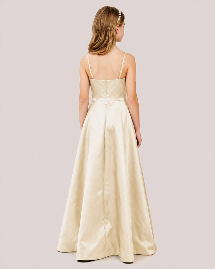 Champagne Satin A-line Junior Bridesmaid Dress Back View