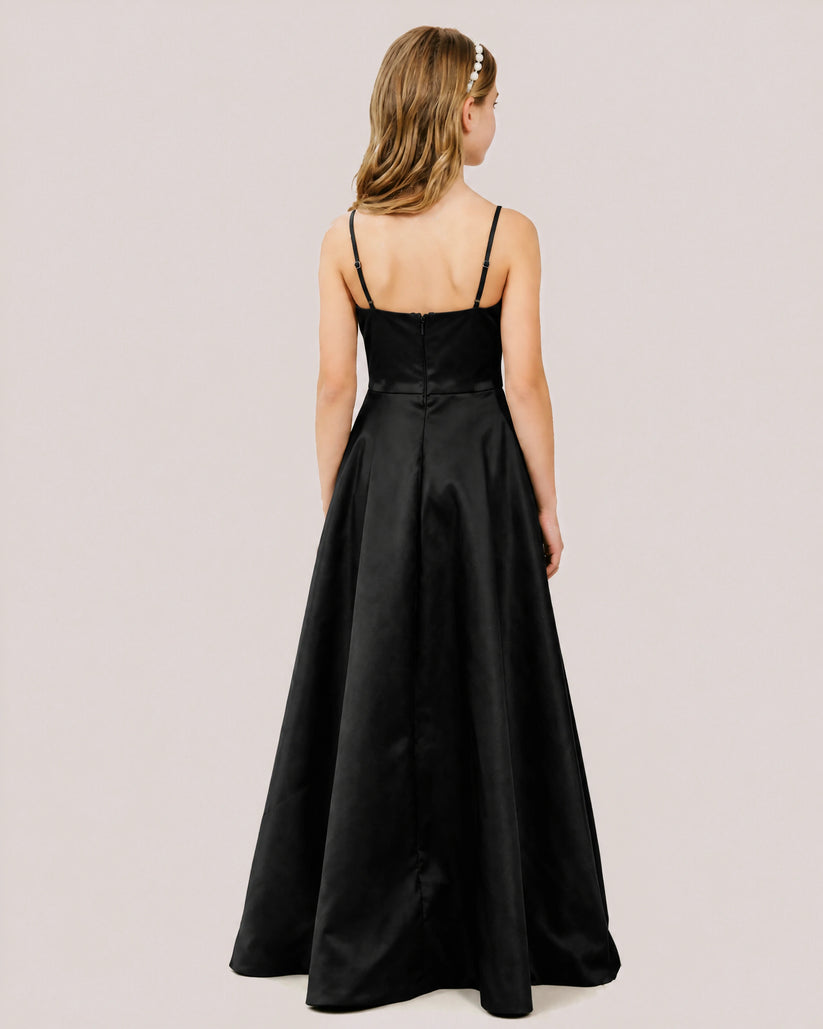 Black Satin A-line Junior Bridesmaid Dress Back View