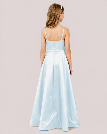 Dideyttawl Chocolate Brown Satin Spaghetti Strap Floor Length Junior Bridesmaid Dress