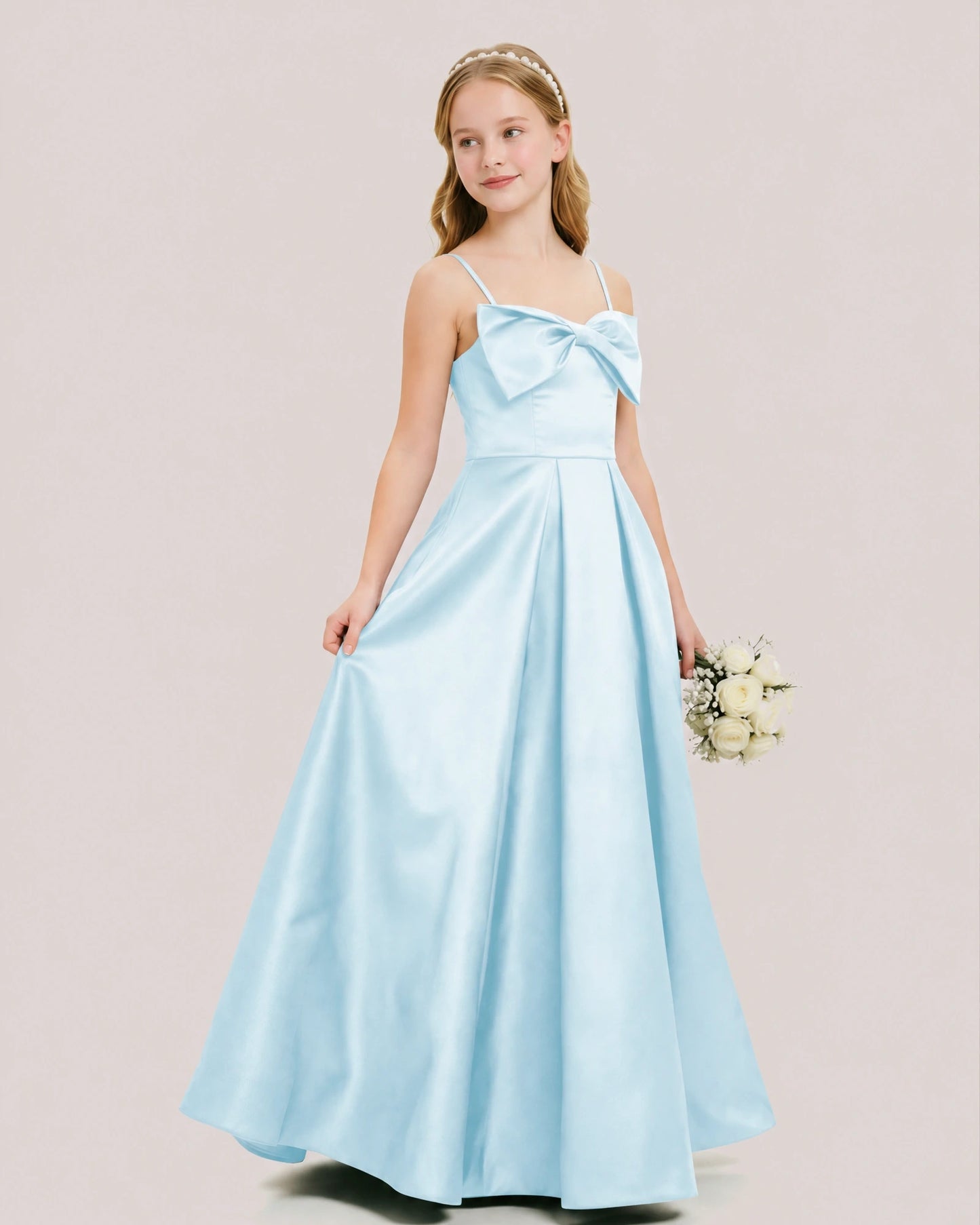 Dideyttawl Chocolate Brown Satin Spaghetti Strap Floor Length Junior Bridesmaid Dress