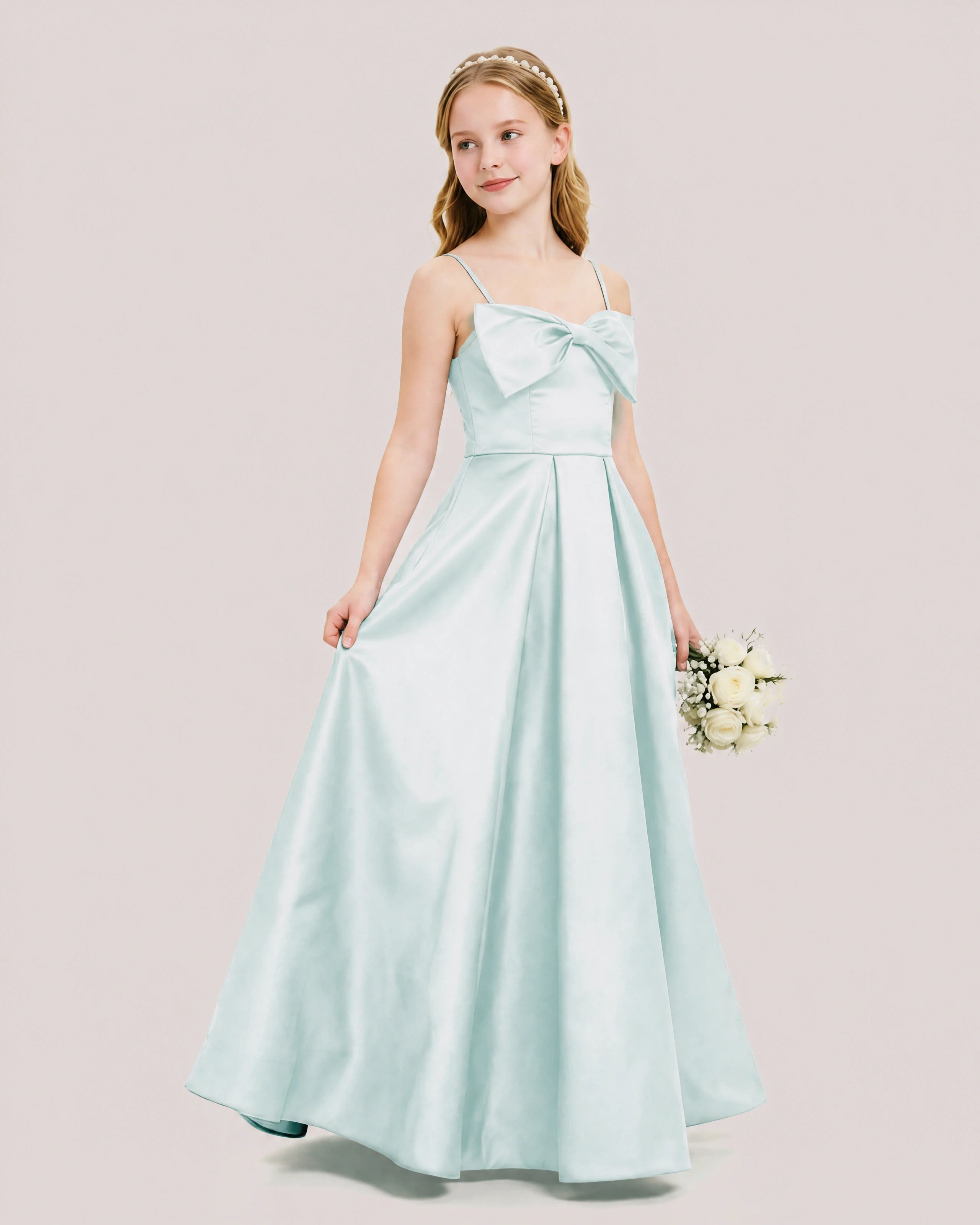 Dideyttawl Chocolate Brown Satin Spaghetti Strap Floor Length Junior Bridesmaid Dress