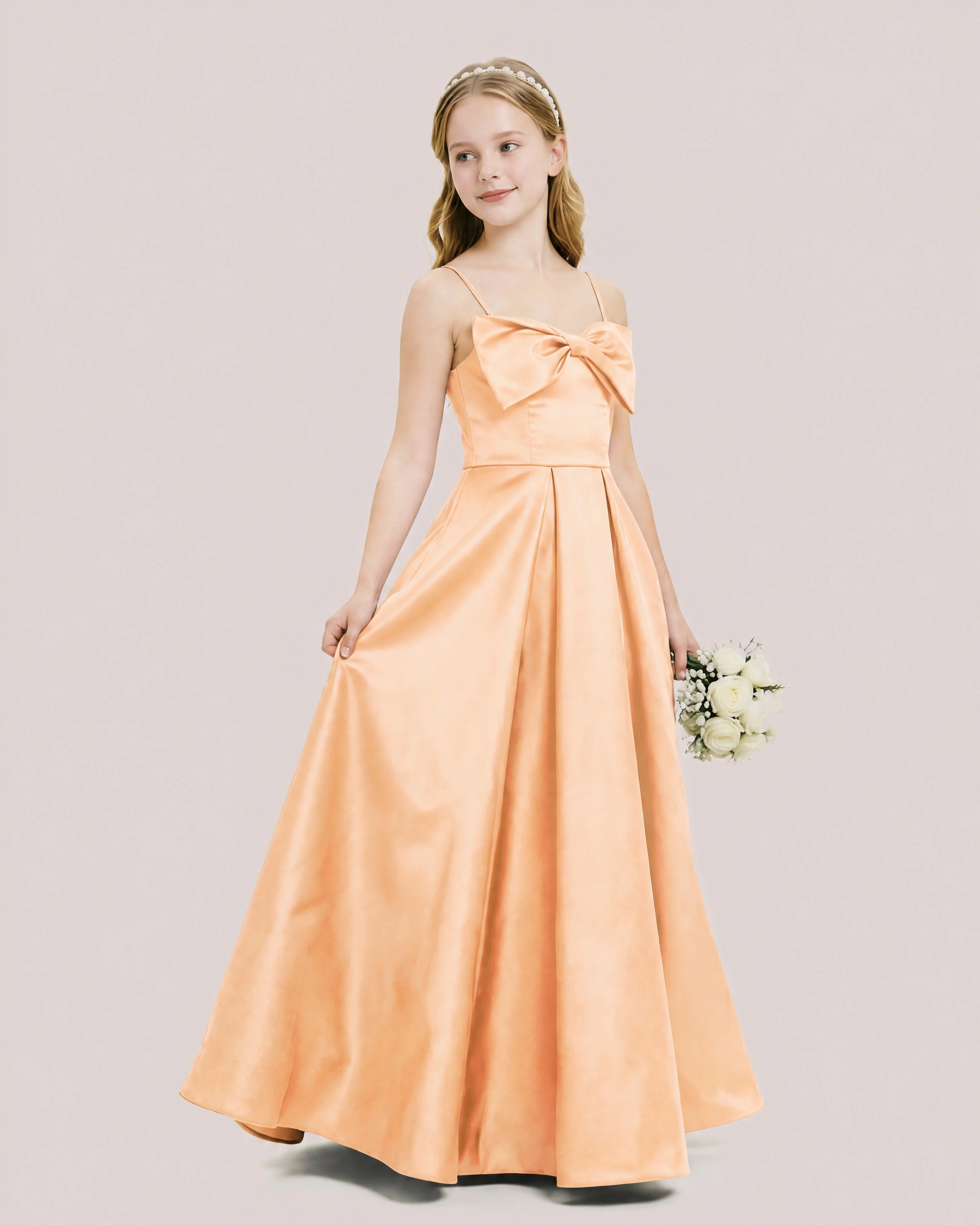 Dideyttawl Chocolate Brown Satin Spaghetti Strap Floor Length Junior Bridesmaid Dress